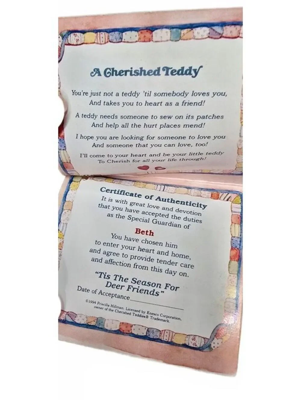 Cherished Teddies Beth Plush Bear in Red Holiday Outfit with Certificate of Auth